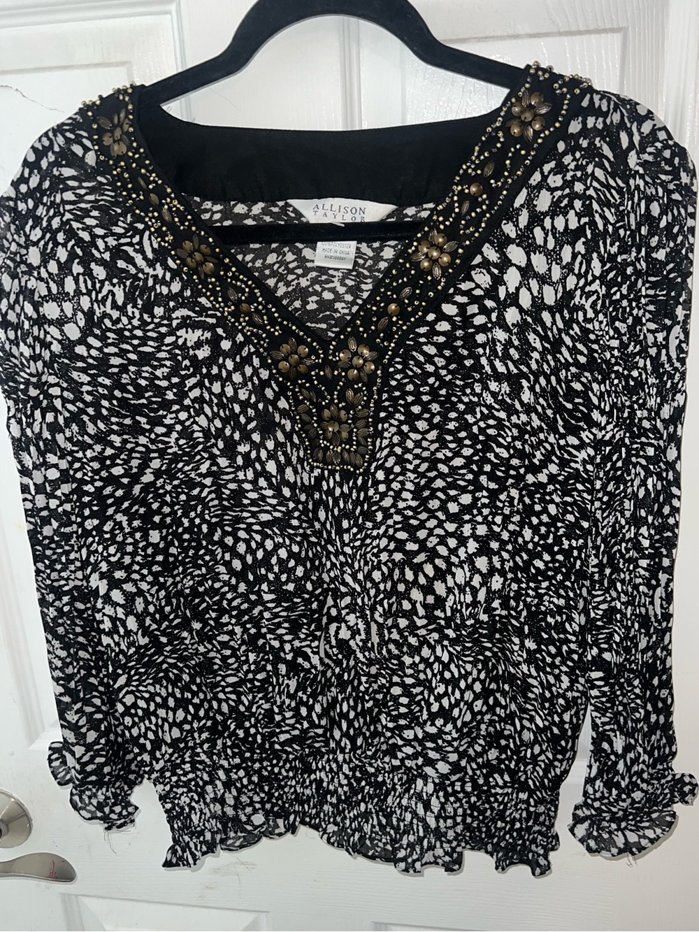 Allison Taylor Black & White Embellished V-Neck Blouse